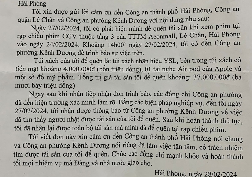 Người dân gửi Thư cảm ơn Công an phường Kênh Dương (Lê Chân)